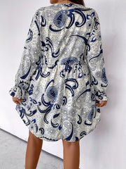 Paisley Floral Print Flounce Sleeve Round Neck Mini Dress