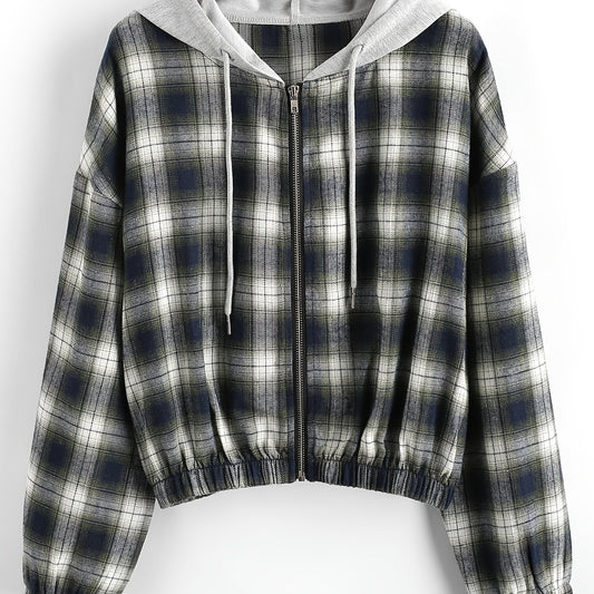 Plaid Hooded Zip Jacket Hoodies Long Sleeve