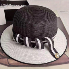 Pearl Buckle Straw Bucket Hat for Women