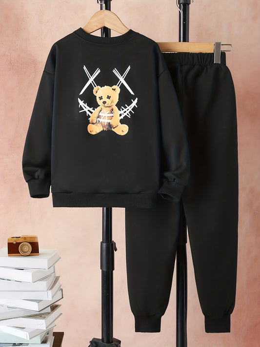 Colorful Letter Print Boy's 2pcs Sweatshirt & Sweatpants Set Halloween Style