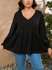  V Neck Ruffle Trim Long Sleeve Blouse