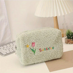 Embroidered Makeup Bag Plush Zip Toiletry Travel Organizer Gift