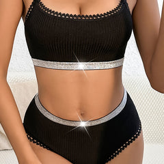 Colorblock Trim Bra & Panties Set Full Coverage Lingerie Women's Underwear