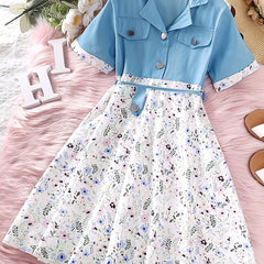 Girls Short Sleeve Floral Button Front Dress Kids Summer Clothes