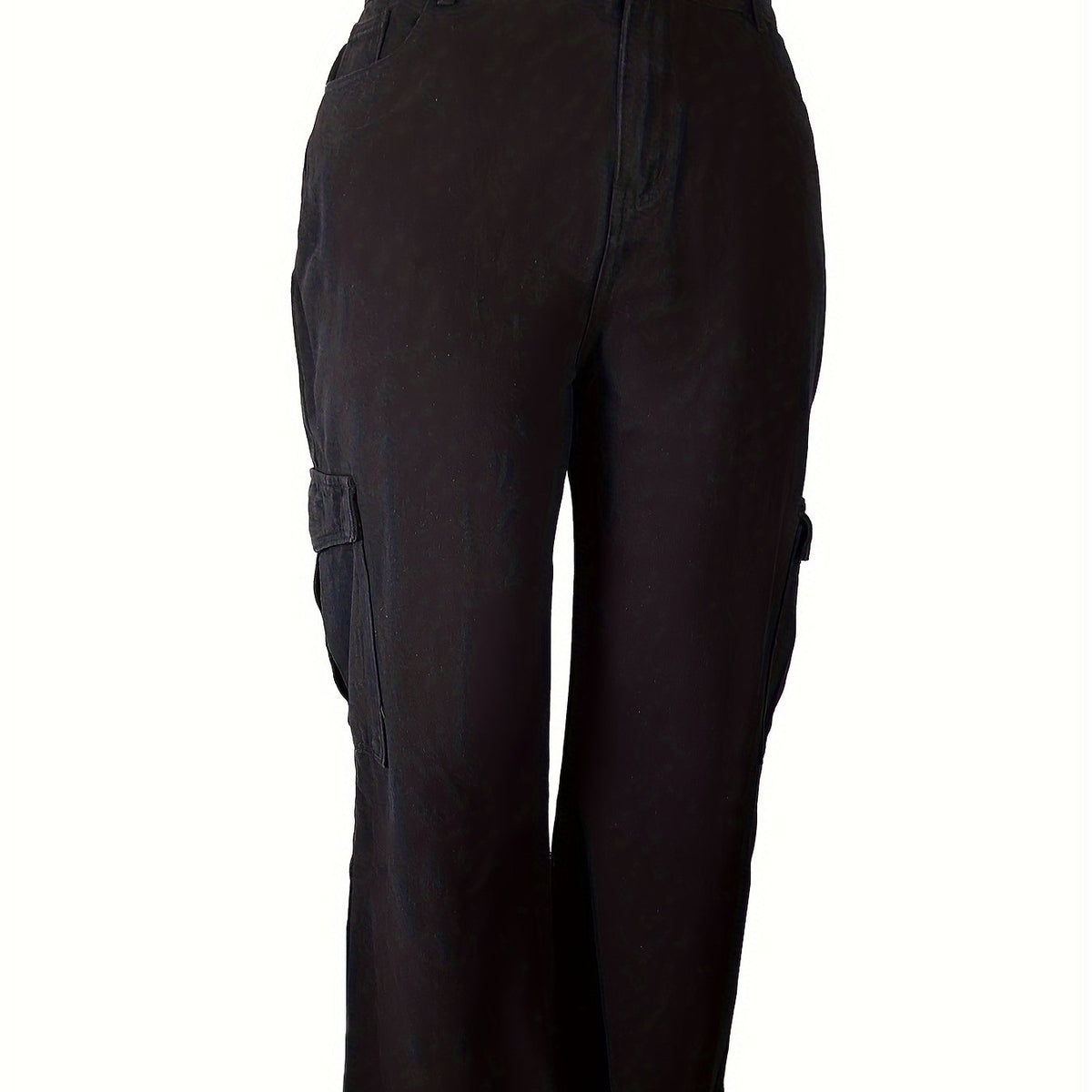 Solid High Rise Wide Leg Cargo Jeans With Pockets