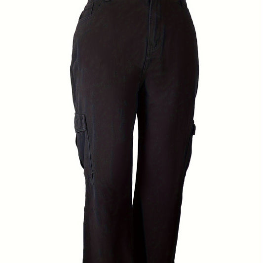 Solid High Rise Wide Leg Cargo Jeans With Pockets