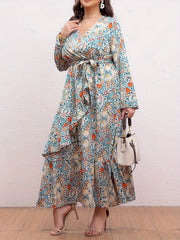 Women's Plus Floral Print Maxi Dress With Ruffle Trim