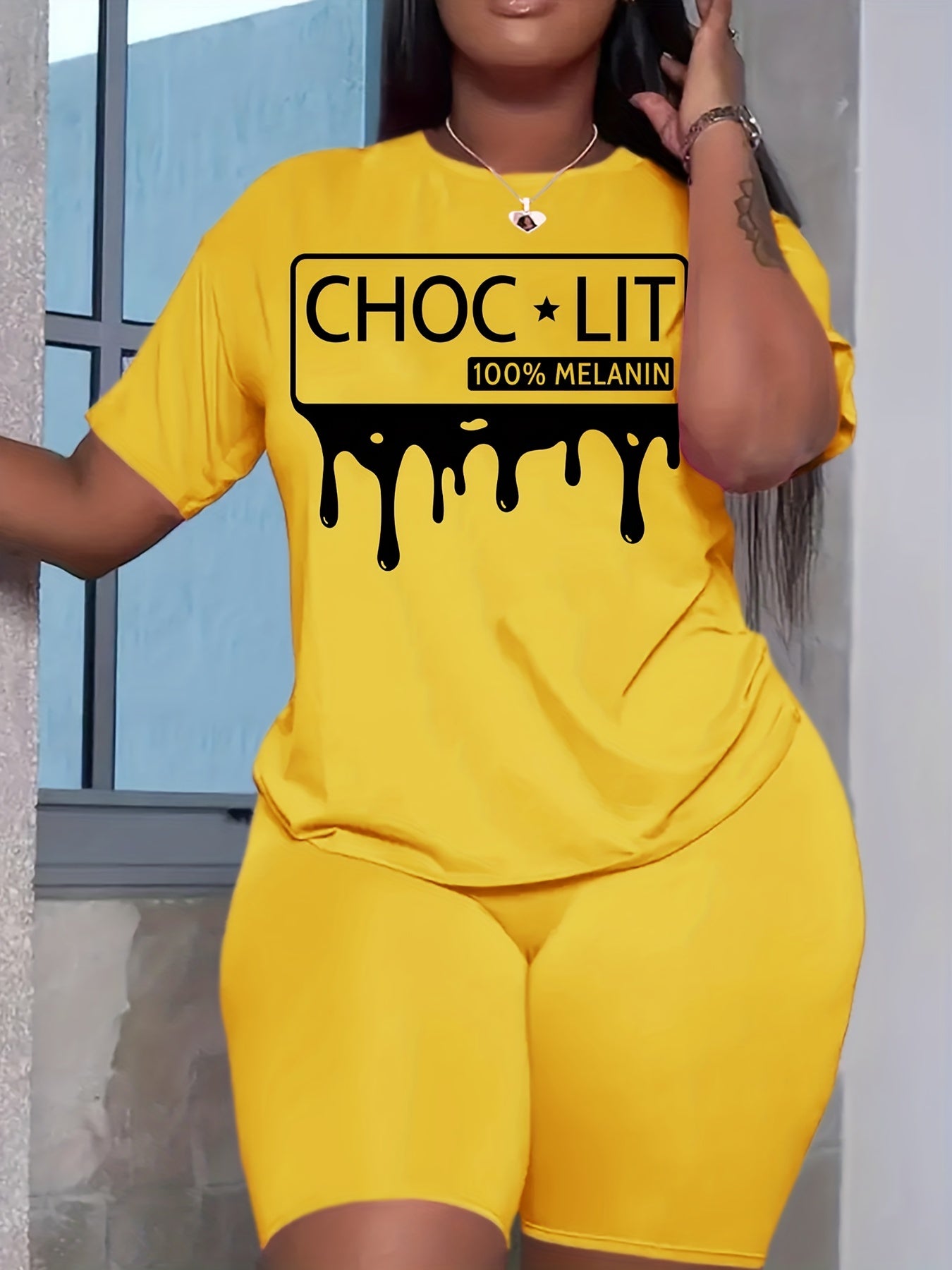 Letter Print Matching Set Short Sleeve T shirt & Biker Shorts