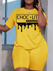 Letter Print Matching Set Short Sleeve T shirt & Biker Shorts