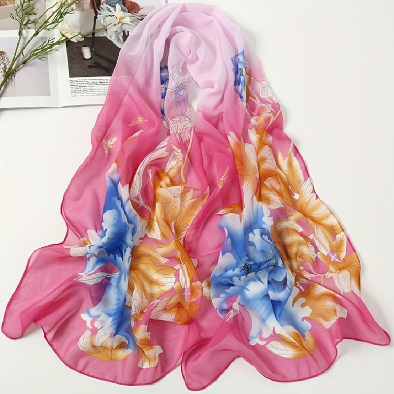 Large Flower Print Chiffon Scarf Gradient Silk Thin Shawl Hijab