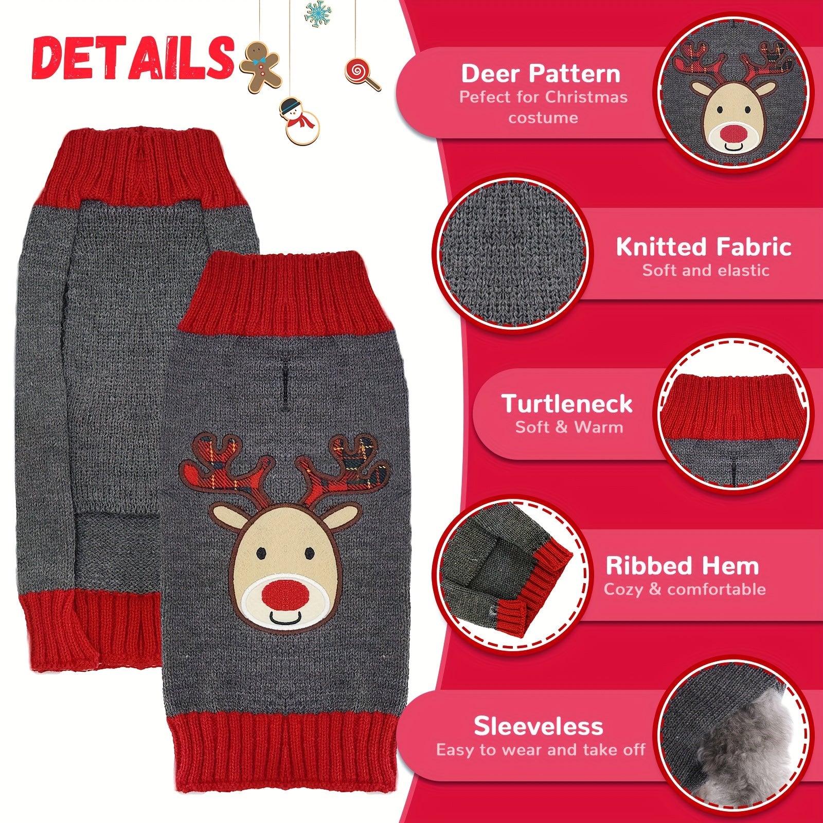 Dog Reindeer Holiday Sweater Funny Christmas Costume - Small/Medium/Large Dogs