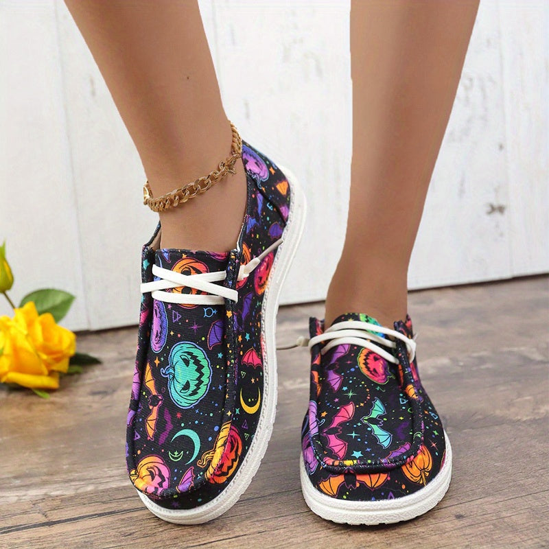 Women's Halloween Pumpkin & Bat Print Flat Canvas Loafers
