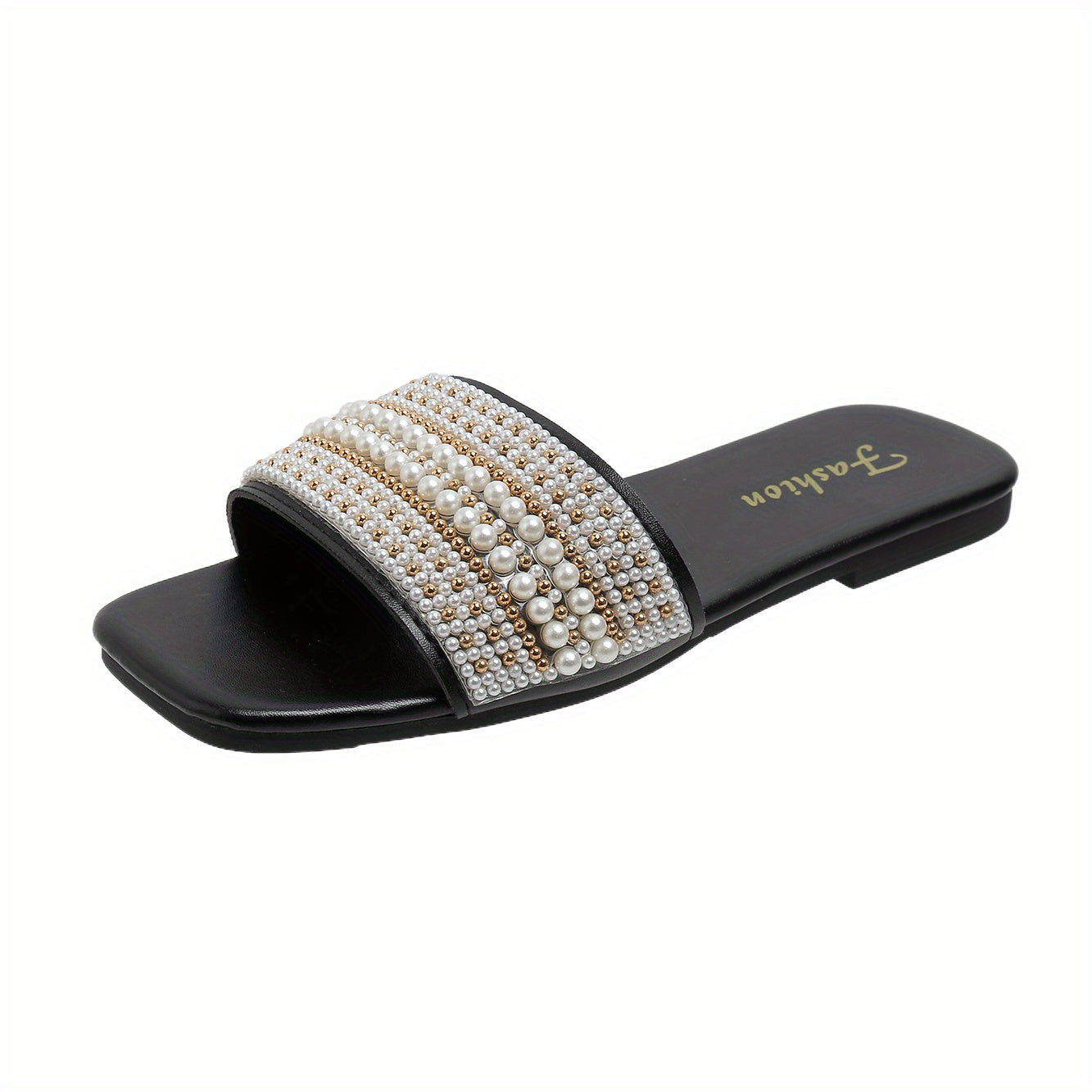 Women's Pearl & Beads Flat Slippers Square Open Toe Slides