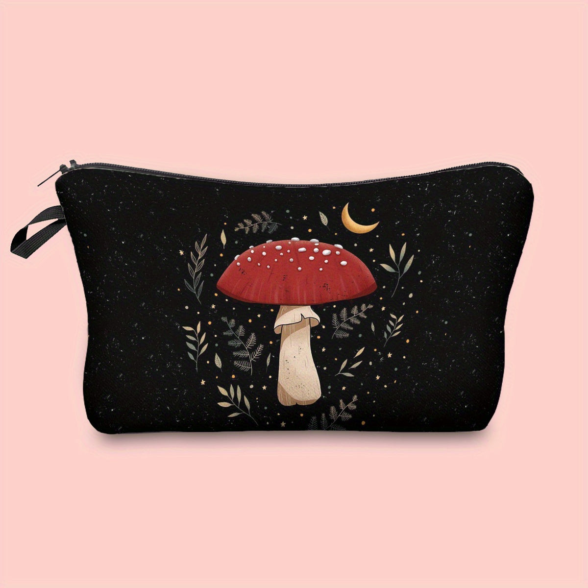 Small Moon Mushroom Print Makeup Bag for Women Waterproof Clutch Handbag