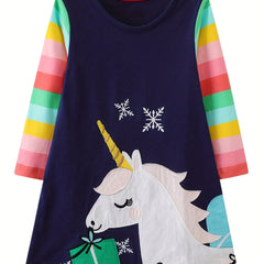 Girls' Unicorn Embroidery Striped Raglan Dress