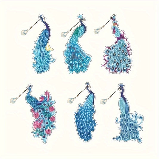 6packs Diamond Painting Bookmarks With Tassels DIY, Resin Water Drill Peacock Fe