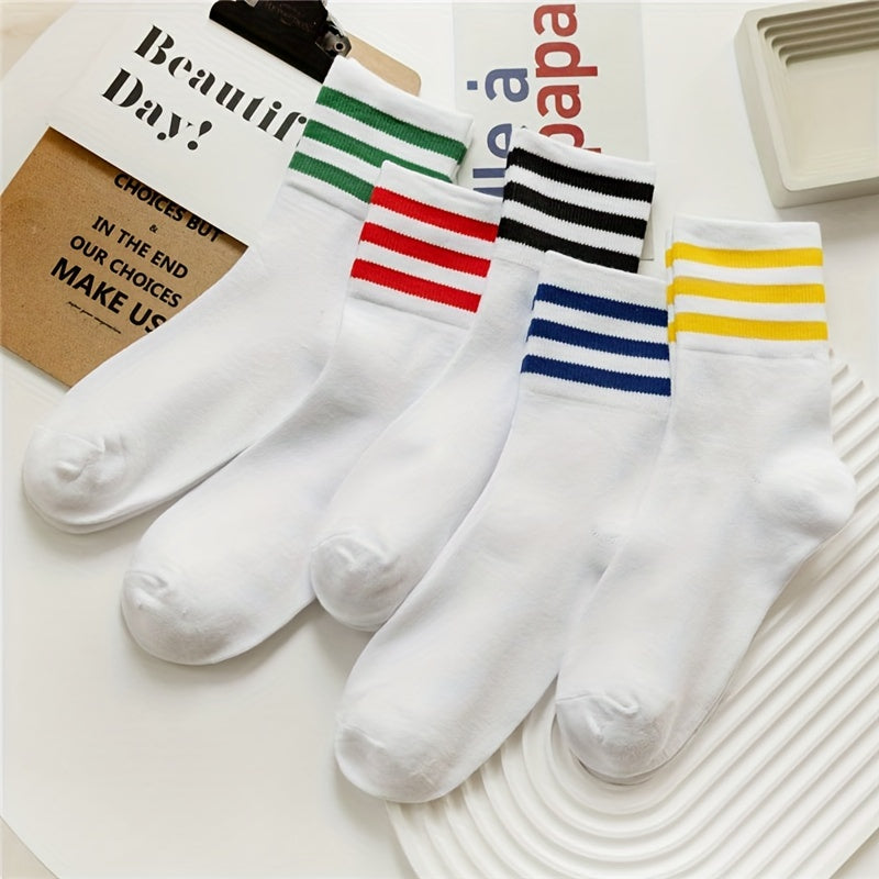 5 Pairs Breathable Striped Crew Socks Women's Stockings