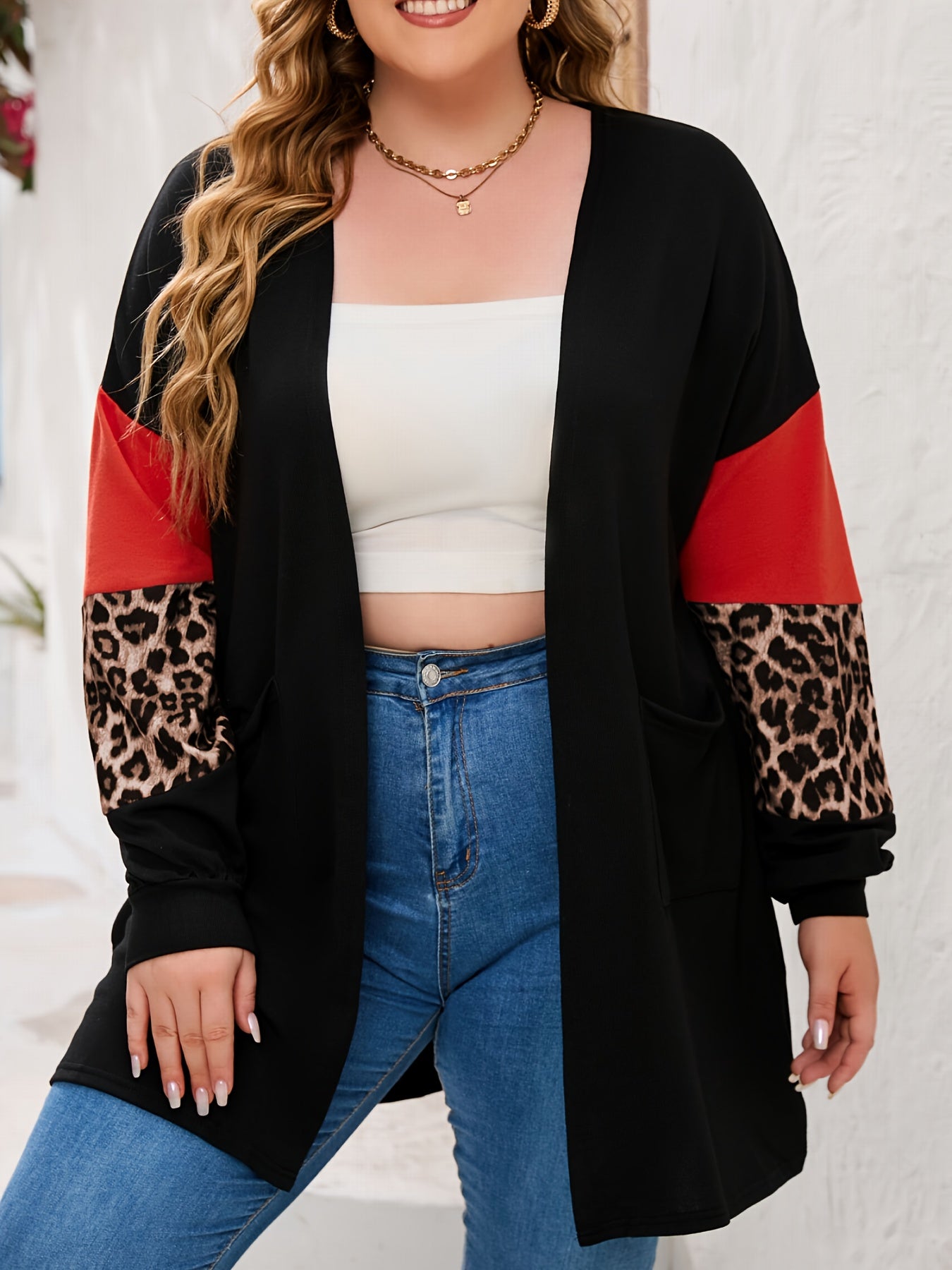  Colorblock Leopard Print Open Front Cardigan