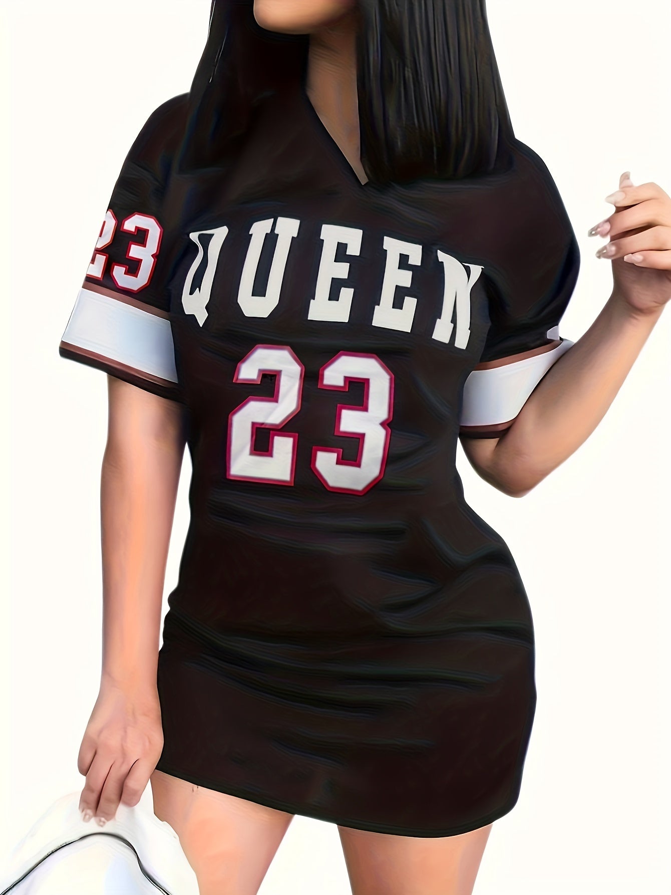 Queen Letter Print Mini Dress V Neck Casual Dress For Spring & Summer