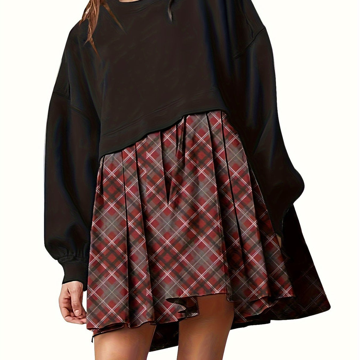  Colorblock Plaid Print Long Sleeve Dress