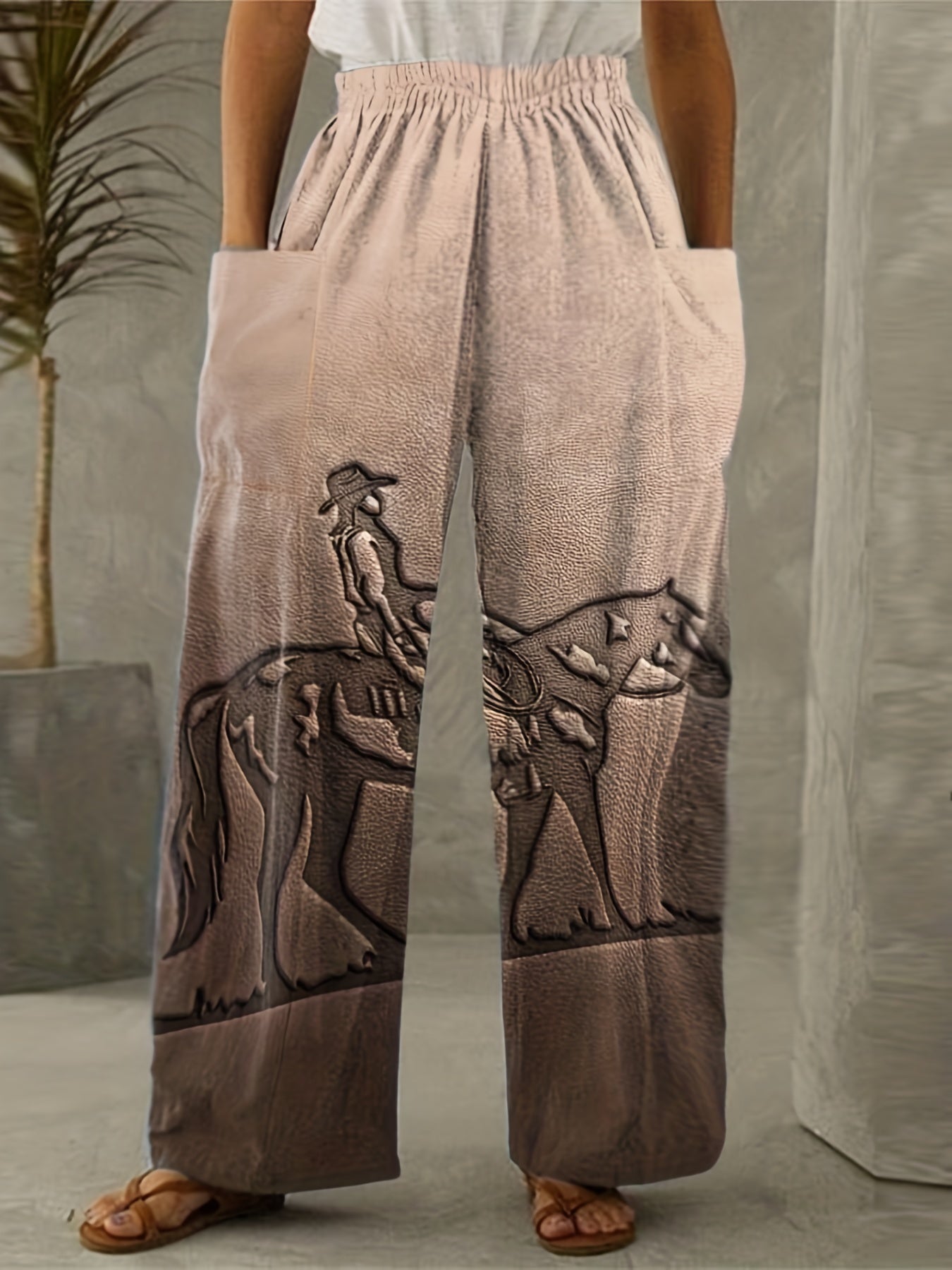 Cowboy Print Wide Leg Trousers with Pockets