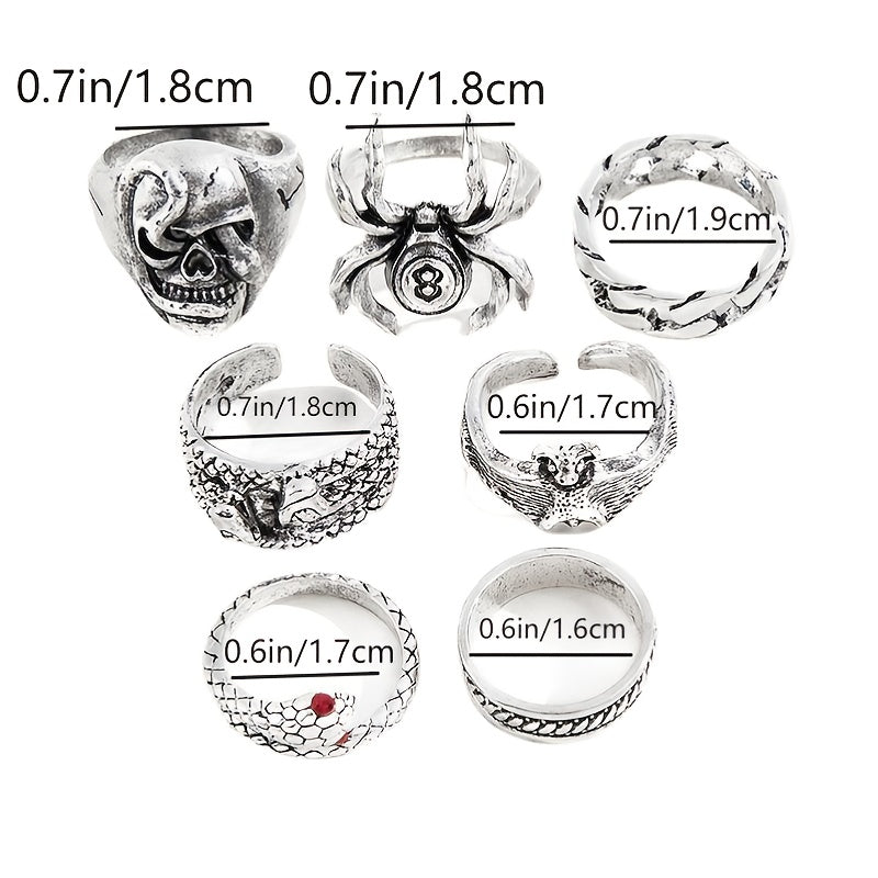 7pcs Hip Hop Style Ring Set - Skull Bat Snake Spider Distressed Vintage