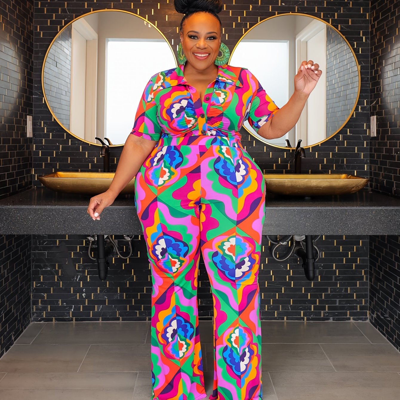 Women's Plus Floral Print Ruched Front Shirt & Pants Set