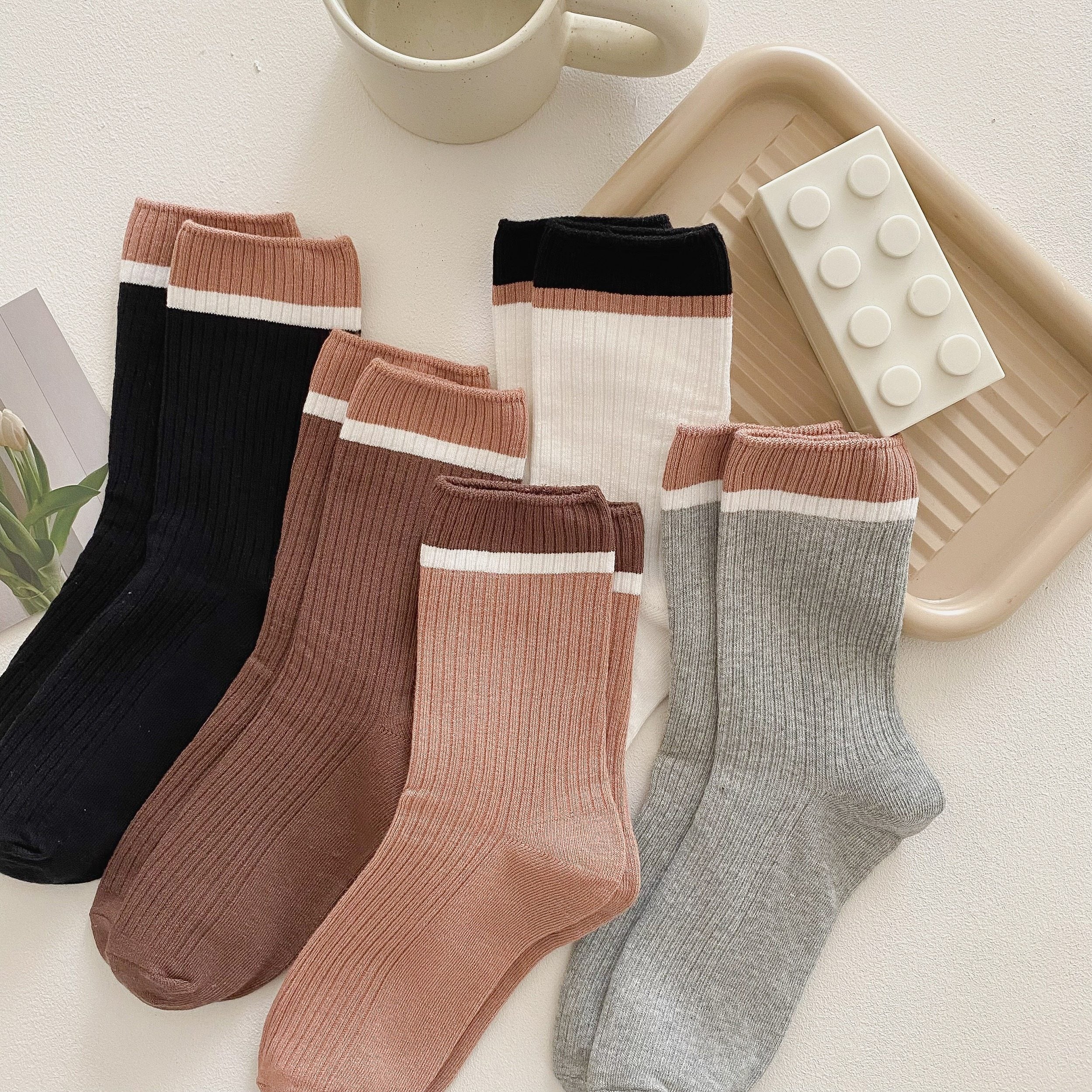 Colorblock Stripe Print Ribbed Socks Mid Tube Stockings