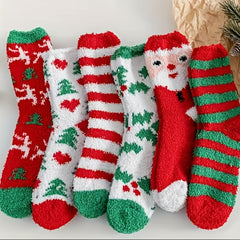 6 Pairs Christmas Socks Thickened Fuzzy Winter Warm Cartoon Socks