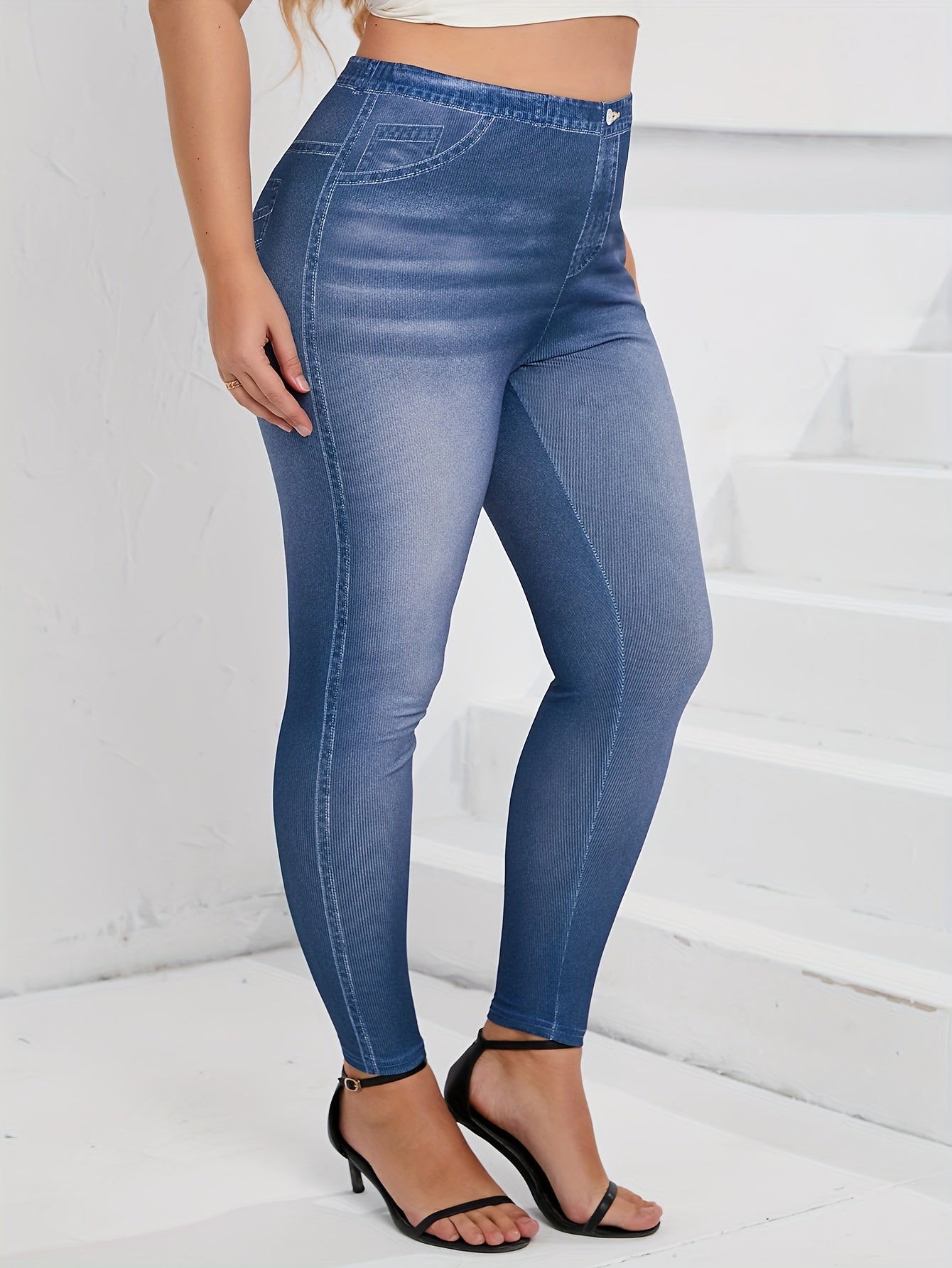 Women's Plus Denim Print High Rise Skinny Trousers