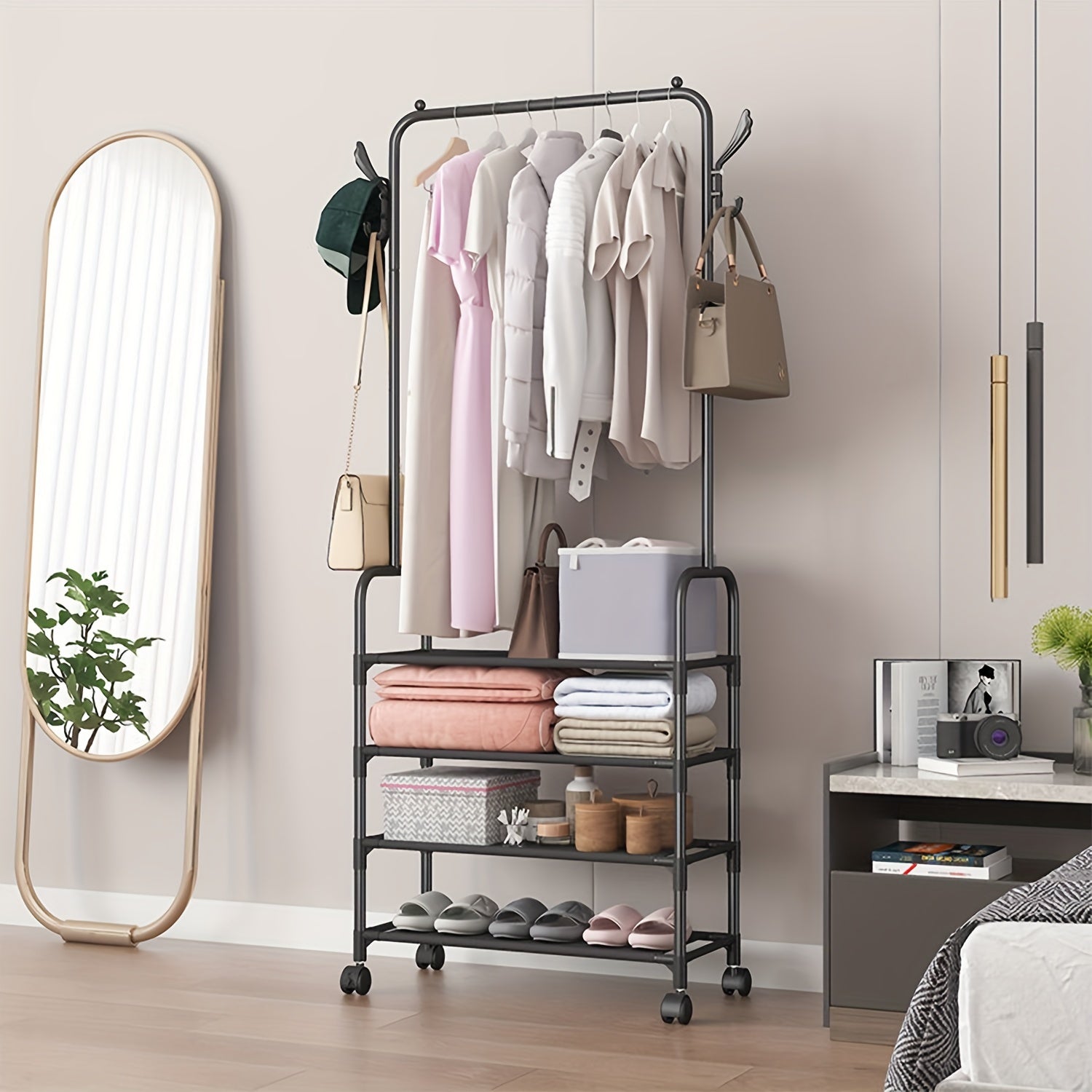 Stylish Garment Rack with Wheels & Hooks - Closet Organizer