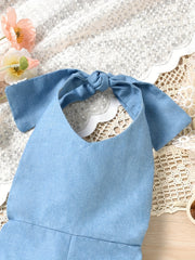 Girl's Denim Overall Jumpsuit with Backless Strap