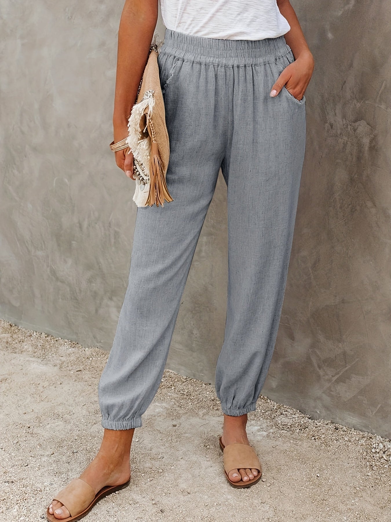 Ruched Pants Elastic High Waist Cropped Pants With Pockets