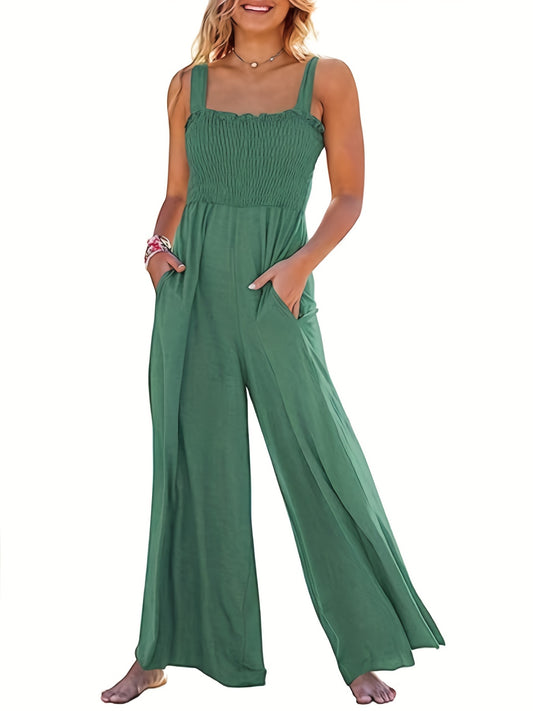 Solid Shirred Wide Leg Jumpsuit Sleeveless Casual Jumpsuit