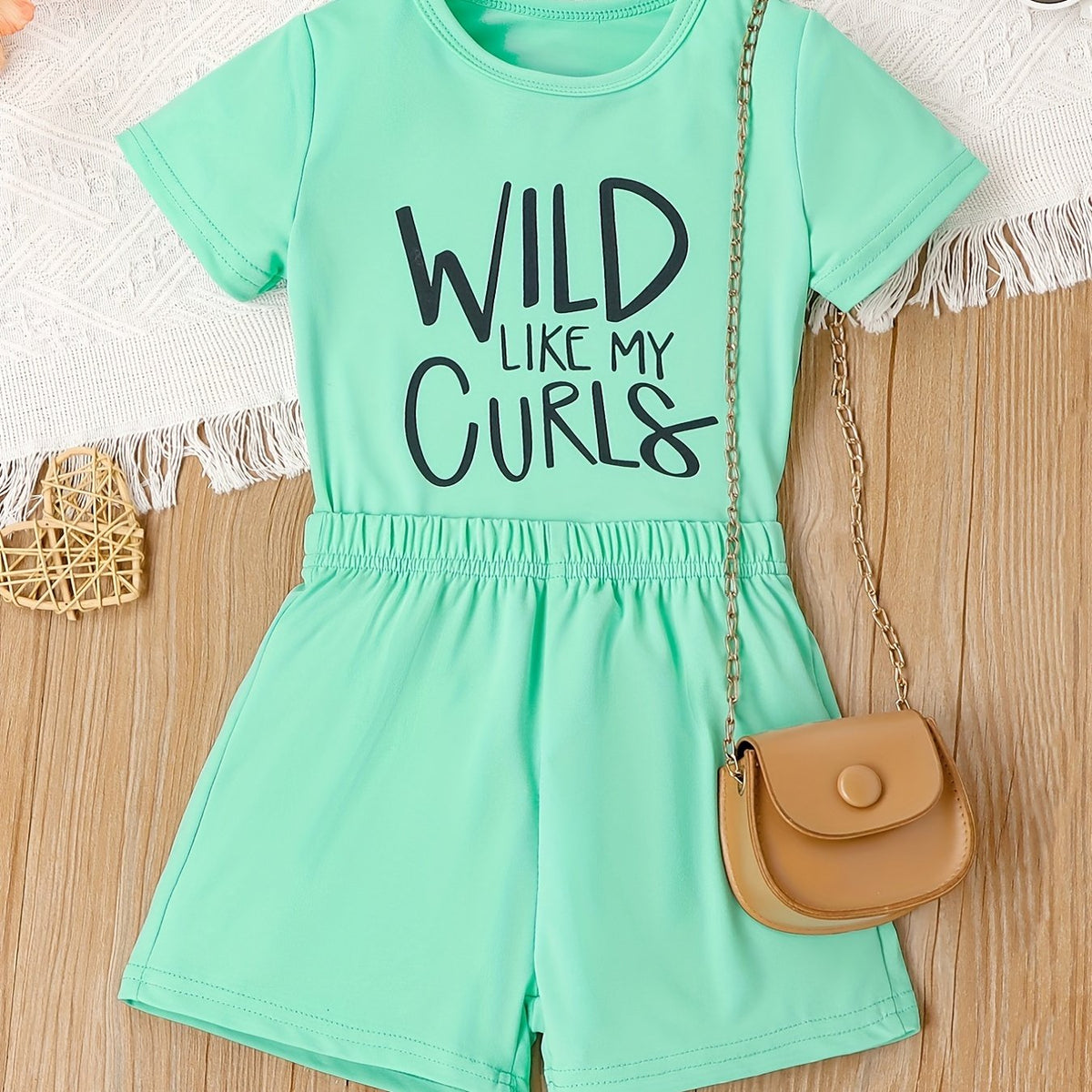 2pcs Girls Casual WILD LIKE MY CURLS Short Sleeve T shirt&Shorts Set