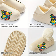 Bear Plush Lined Slippers Cozy Winter Home Shoes
