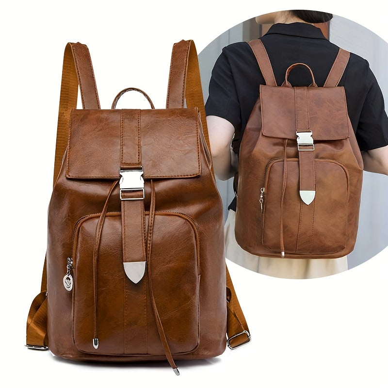 Retro Drawstring Large Capacity Backpack PU Leather Textured School Travel Bag