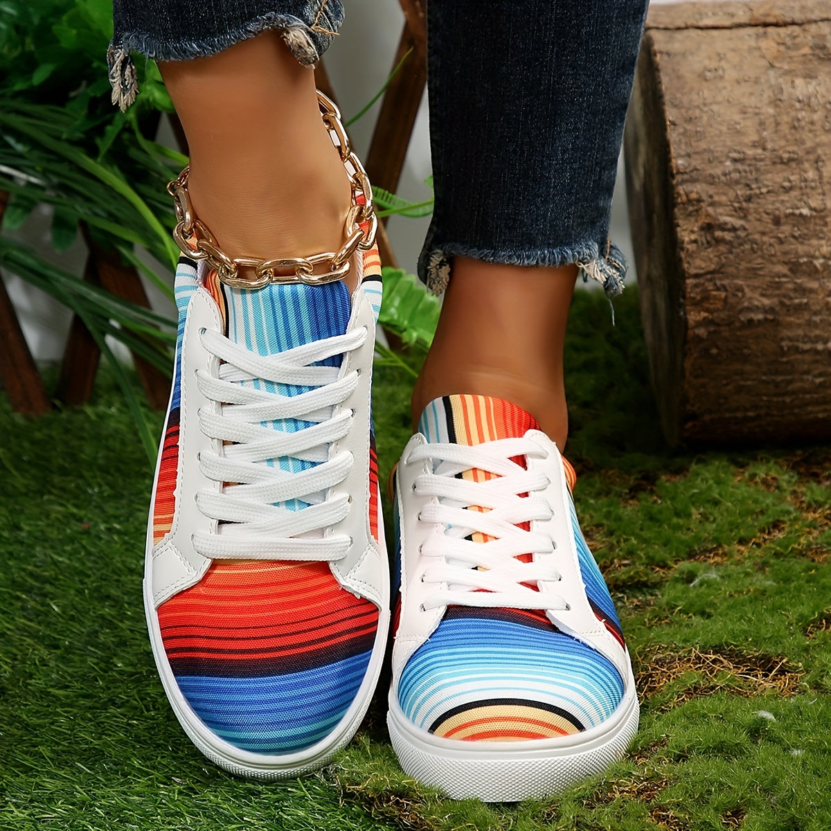 Colorful Striped Canvas Shoes Low Top Flat Walking Sneakers