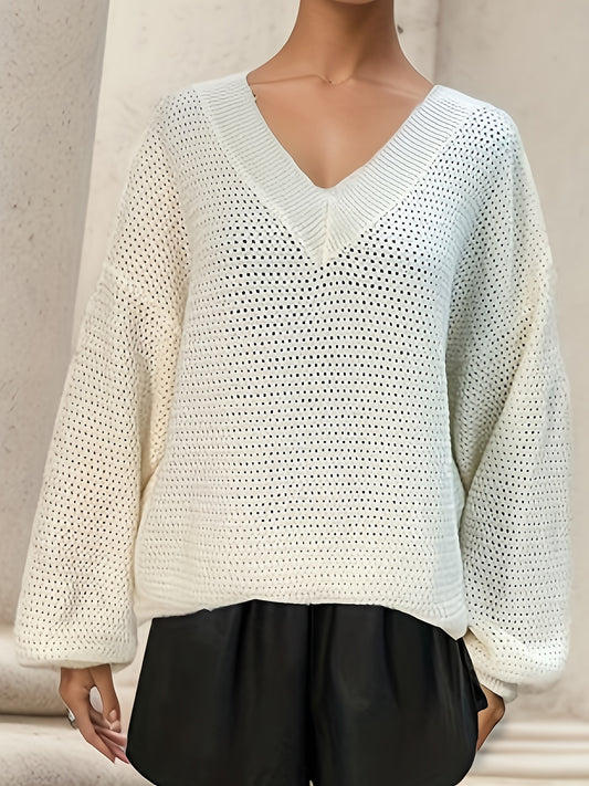 Solid Lantern Sleeve V Neck Sweater