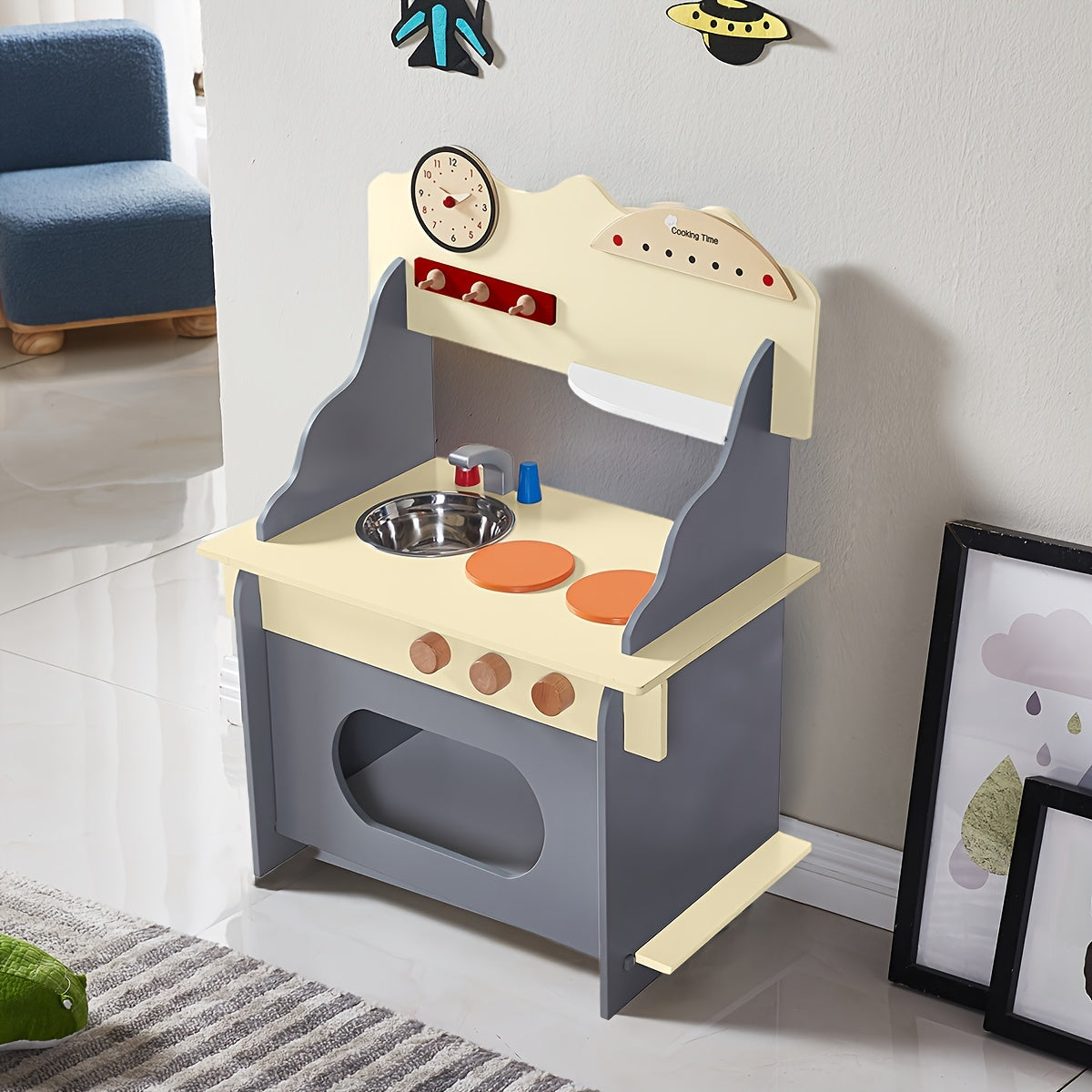 Wooden Play Kitchen Set with Clock Sink & Stovetop Indoor Fun Gift