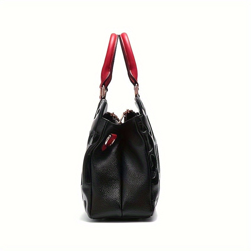 Women's Embossed Leather Tote Bag with Red Accents