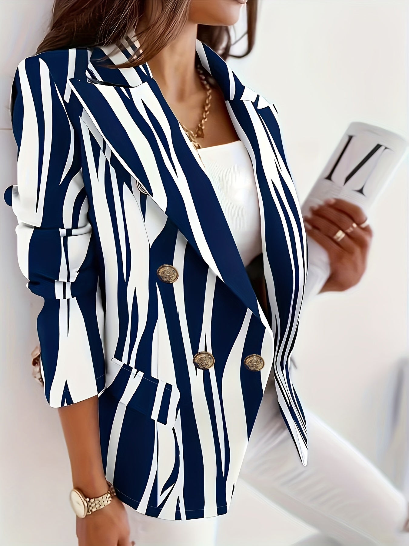  Casual Stripe Print Blazer Long Sleeve Lapel Collar
