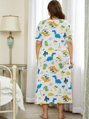  Dinosaur Print Nightdress Short Sleeve Sleep Dress