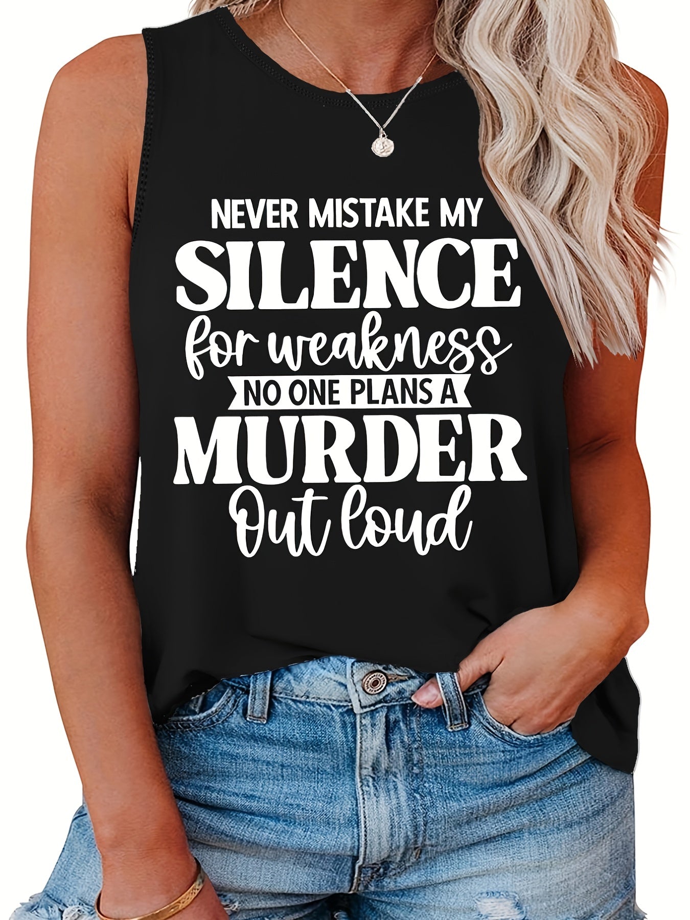  Casual Tank Top Women's Plus Slogan Print Round Neck Tank Top