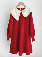 Girls Comfy Cotton Dress Lantern Sleeve Collar Dress Spring Fall Winter
