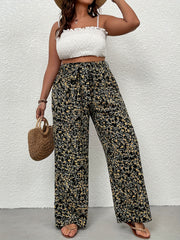  Floral Print Wide Leg Trousers w/ Belt