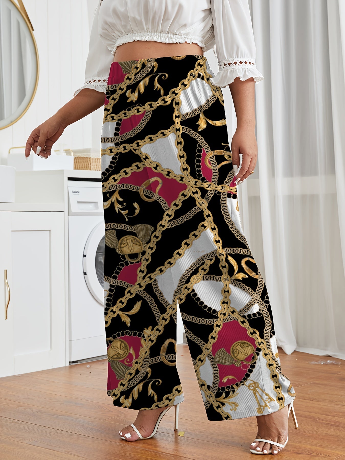 Women's Plus Chain & Lock Paisley Print Wide Leg Elastic Waist Pants