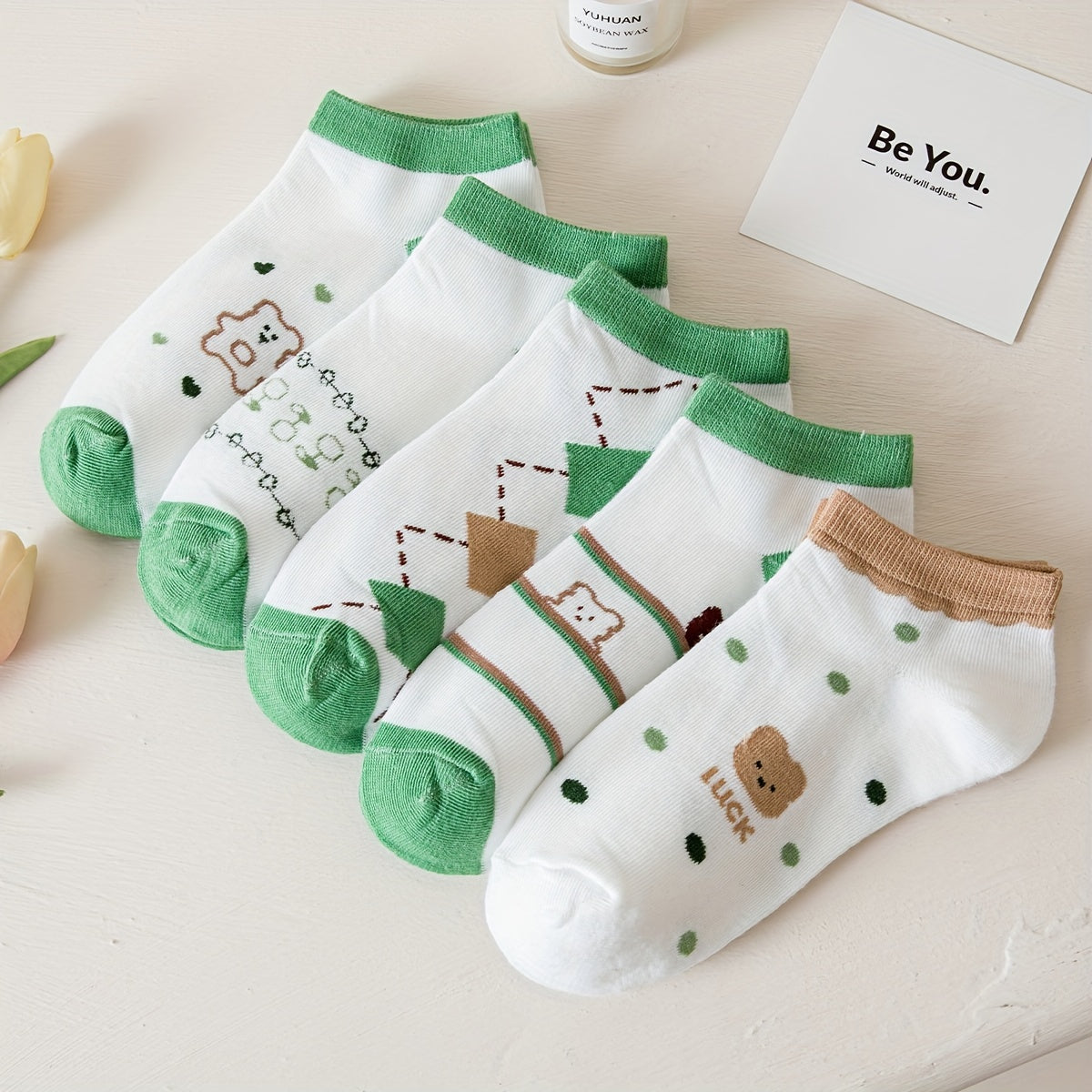 5 Pairs Bear & Plaid Print Socks Low Cut Crew Women's Stockings