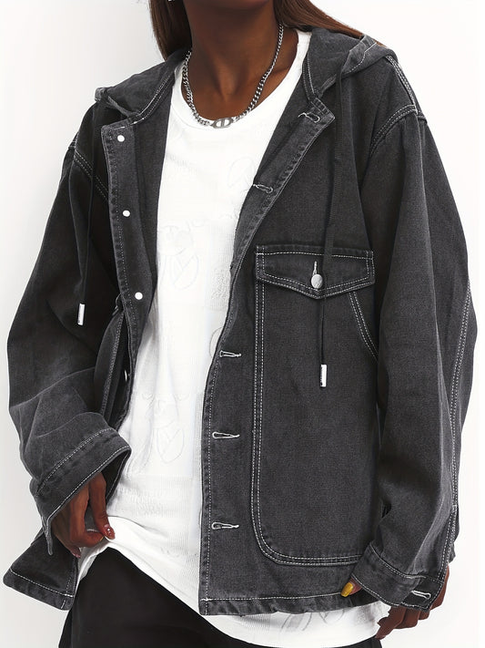  Solid Hooded Denim Jacket with Pockets