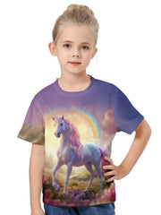 3D Forest Unicorn Graphic Short Sleeve T-shirt for Girls